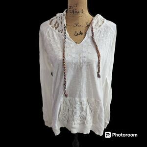 Panhandle Hooded Pullover Women SZ L Lace Western Artsy Cowgirl Coastal Vacation